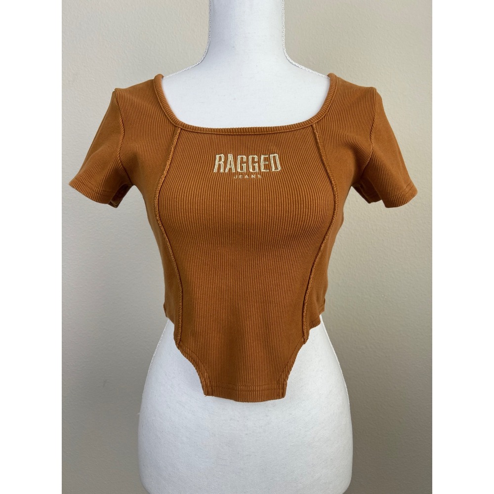 Ragged Jeans Ribbed Crop Top US Small Brown Y2K Embroidered Baby Tee Skater